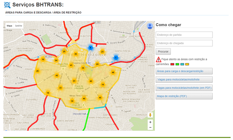 Mapa com as áreas para carga e descarga e áreas de restrição de circulação