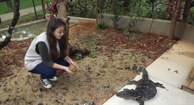 Mulher agachada de frente para um tiú