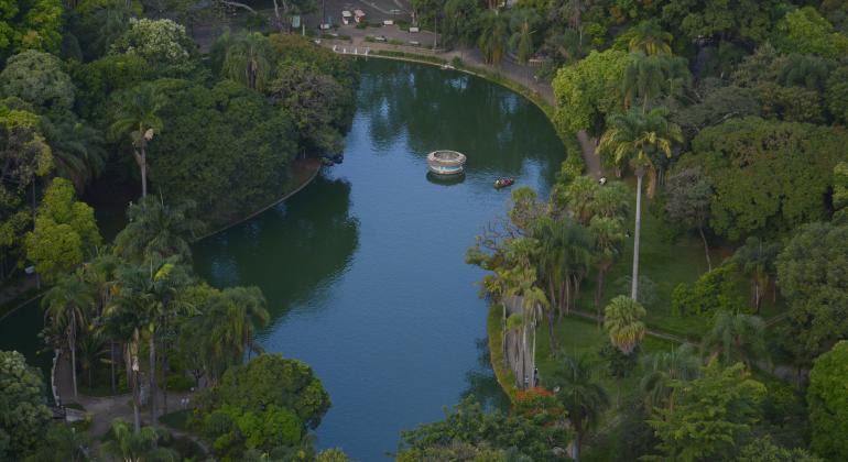 Foto aérea de Parque Municipal Américo Renneé Giannetti, com um lago e muitas árvores