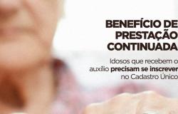 Duas mãos de idosa com os dizeres: Benefício de prestação Continuada. Idosos que recebem auxílio precisam se inscrever no Cadastro Único. 