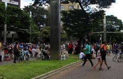 Mais de trinta pessoas andando em uma edição do projeto "A Savassi é da Gente" , em um domingo.